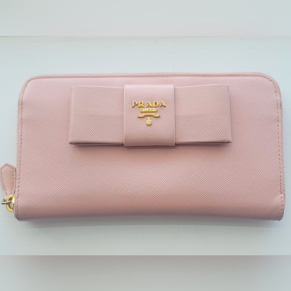 PRADA Long Saffiano Leather Wallet With Bow Pink